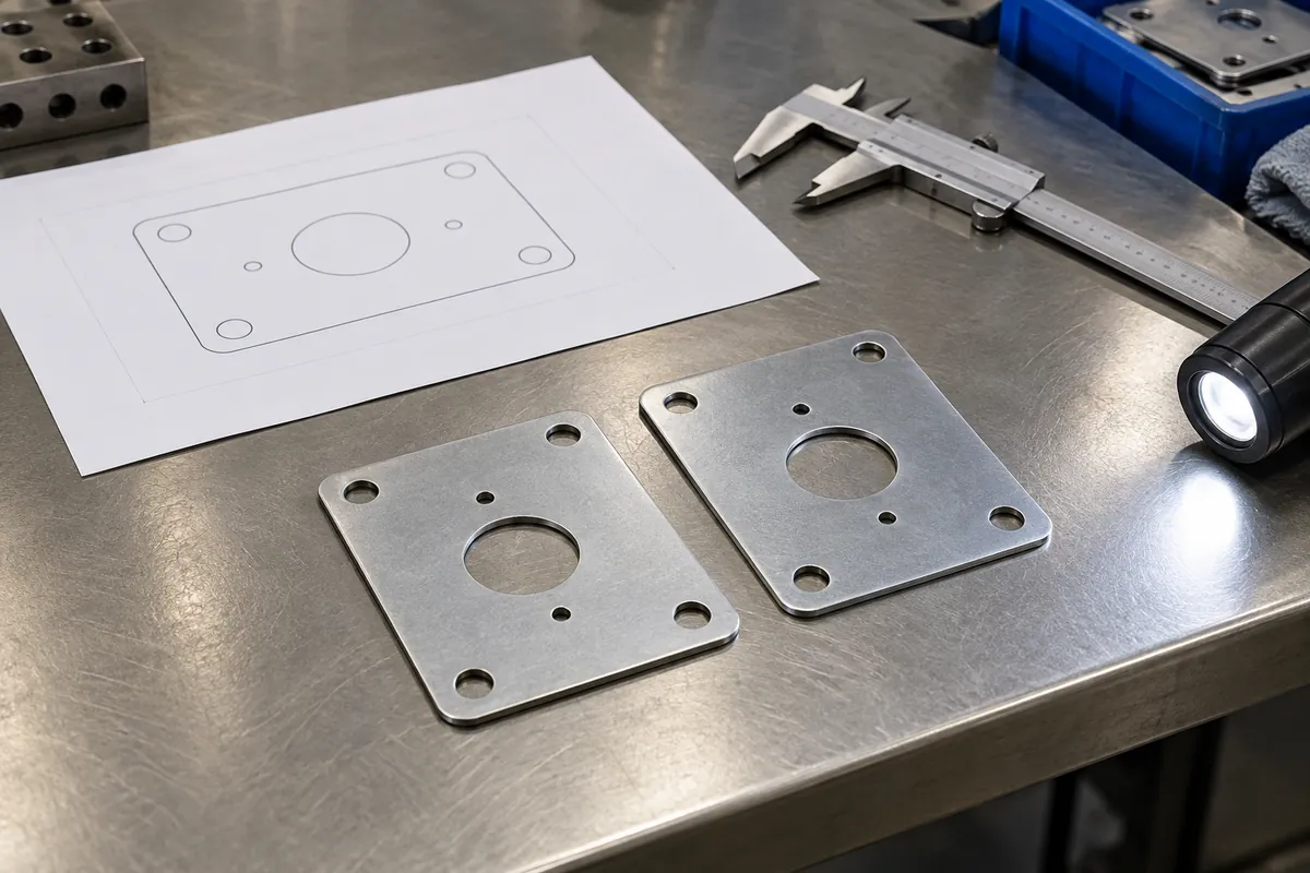 Conceptual buyer review of two punched mounting plate samples beside an outline drawing and caliper