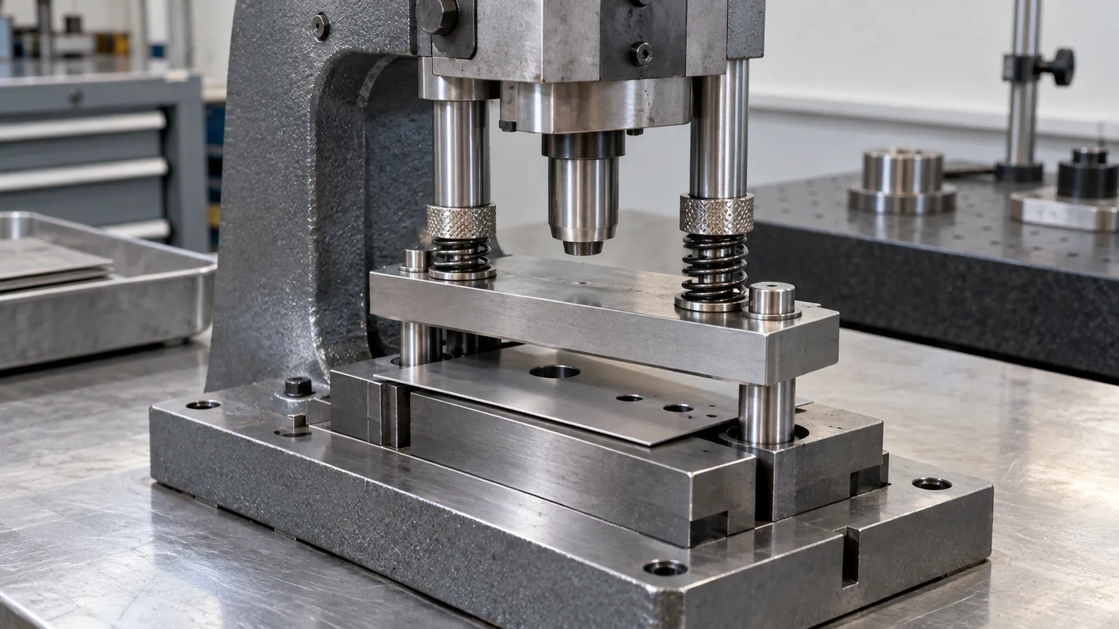 Stationary punch press die with paired stripper springs and a thin perforated mounting plate