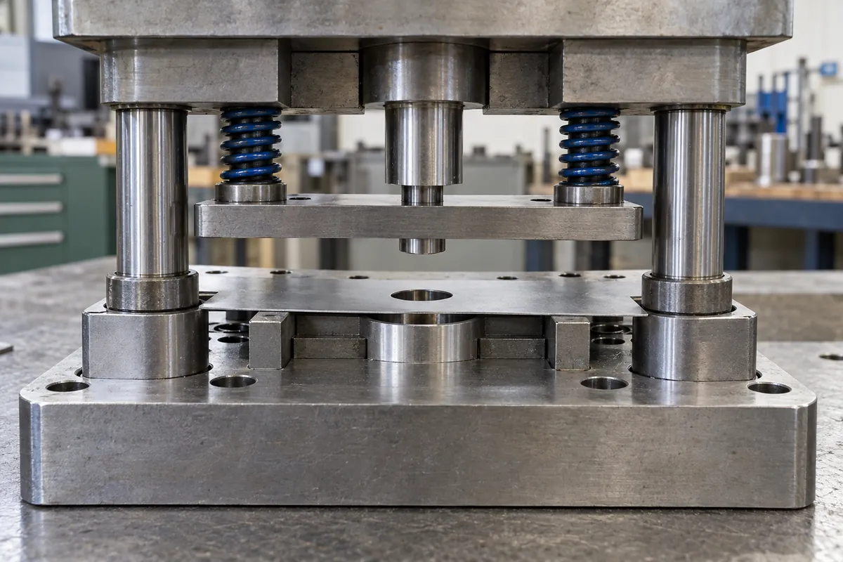 Conceptual stationary punch and stripper tooling with visible springs above a thin sheet sample