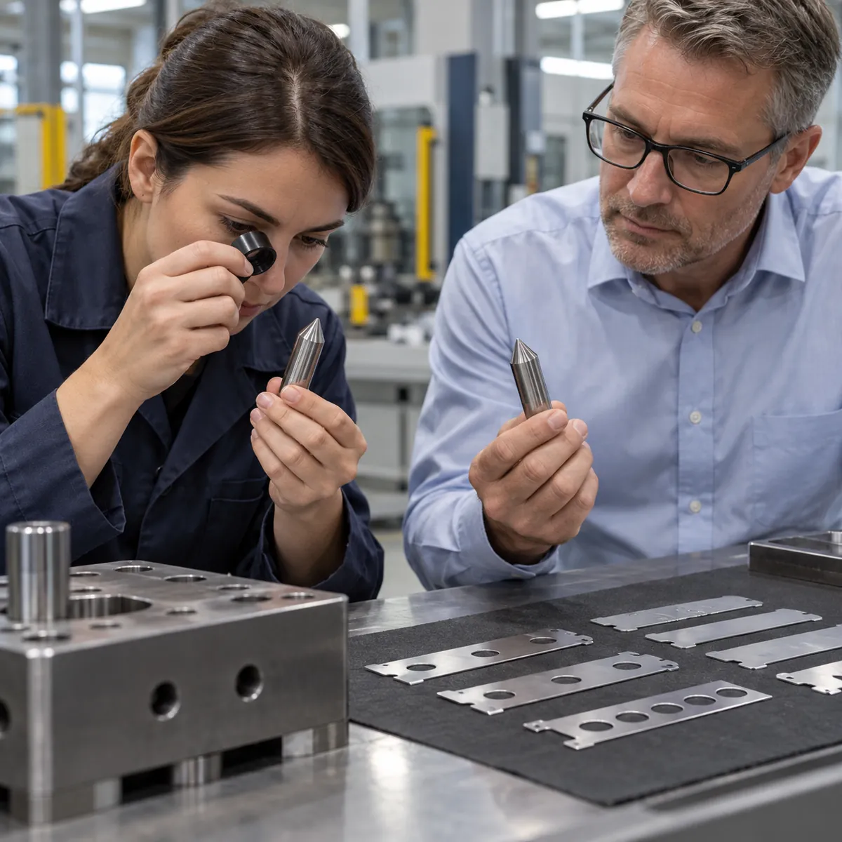 Tooling engineer and buyer inspecting two punch tips and stamped metal samples