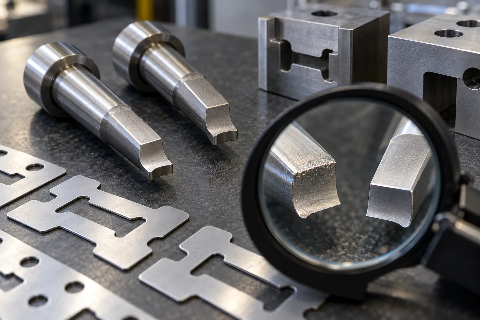 Tool steel punches and die inserts beside clean stamped metal parts