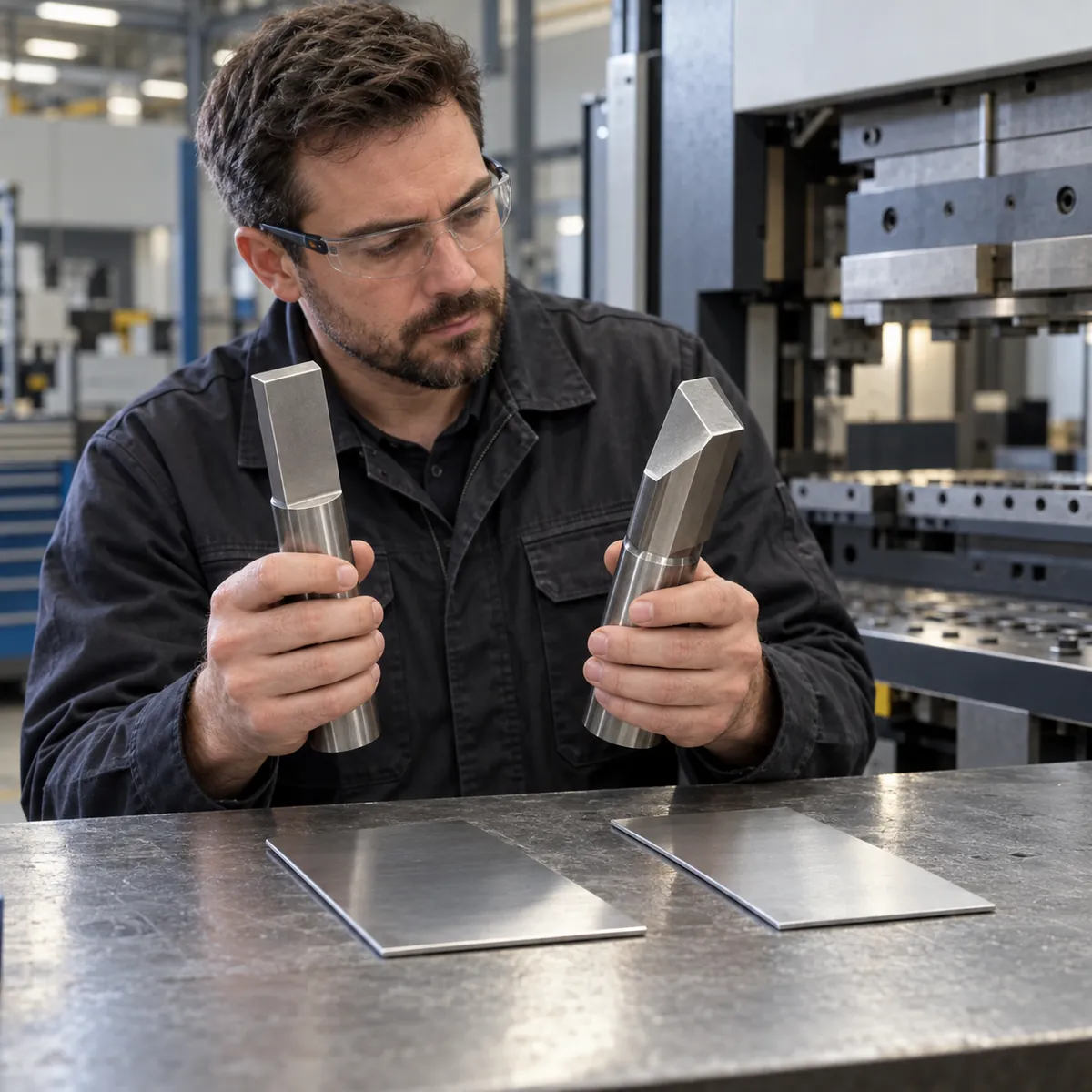 Engineer comparing flat and angled punch tools with sheet metal samples