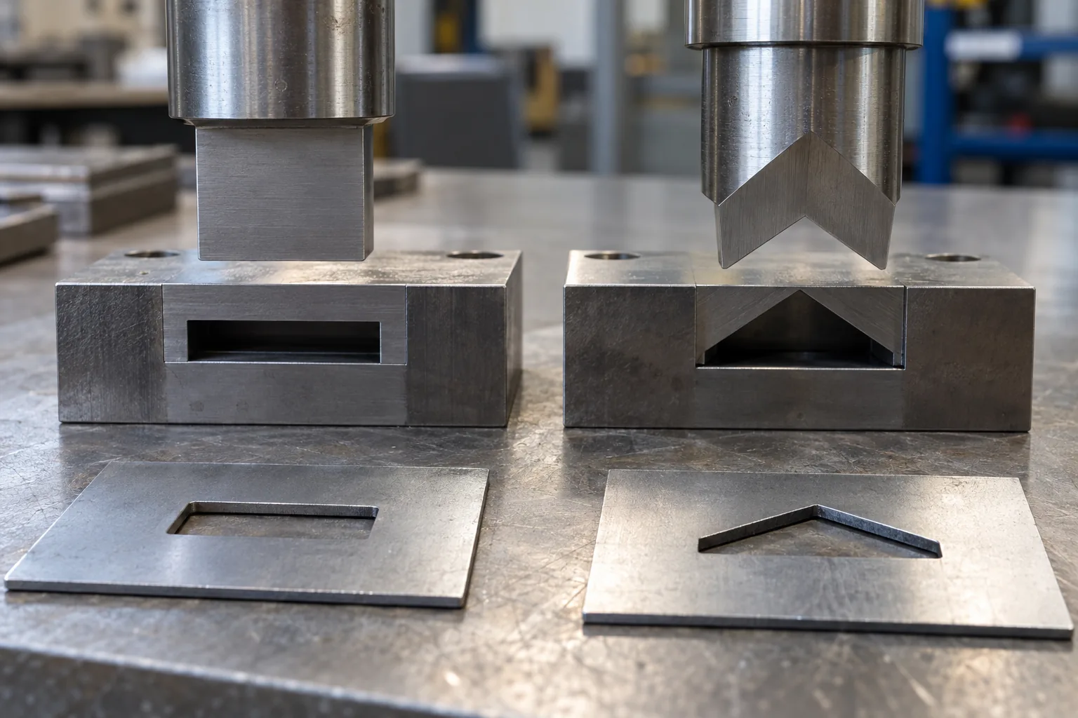 Flat punch and roof-shear punch shown with sheet metal coupons