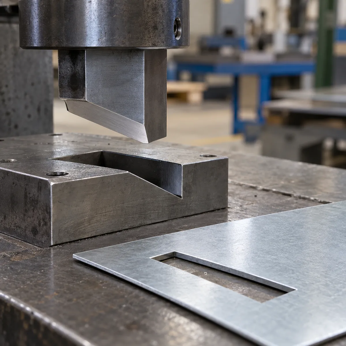 Angled roof-shear punch face positioned above a matching die opening