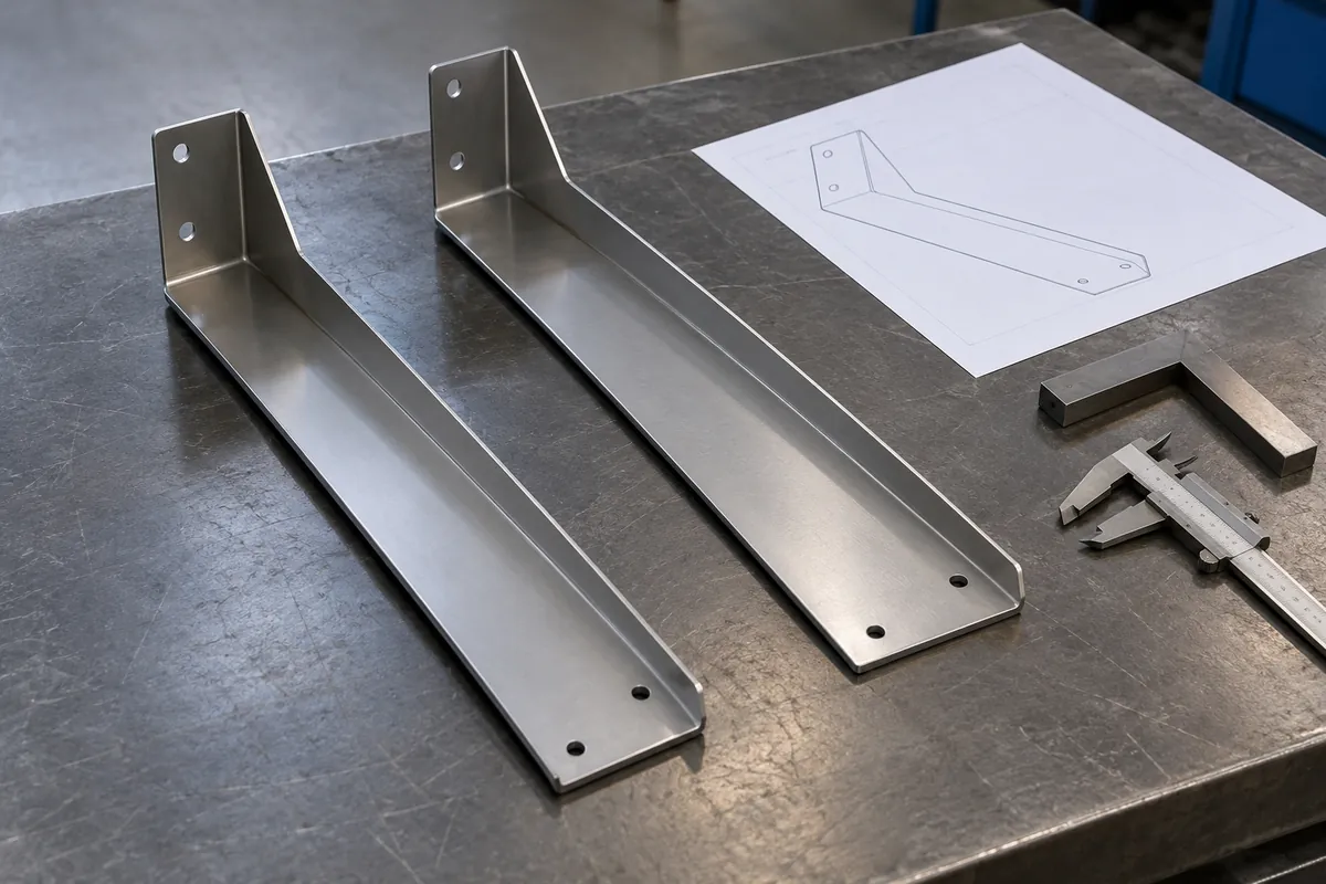 Two long folded metal bracket samples and an outline drawing on an inspection bench for buyer review