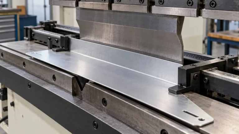 Long sheet metal bracket positioned at two press brake backgauge contact fingers