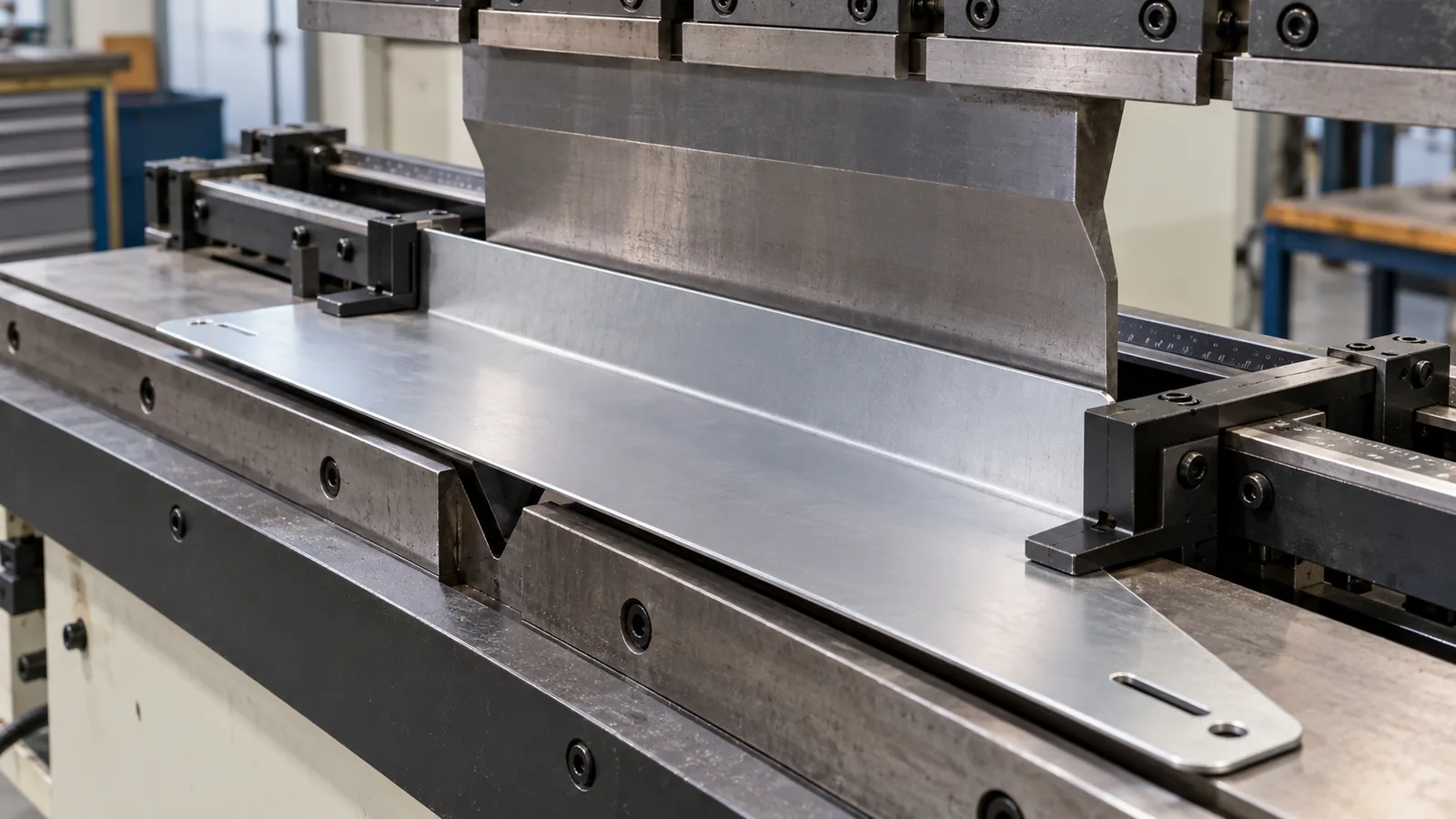 Long sheet metal bracket positioned at two press brake backgauge contact fingers