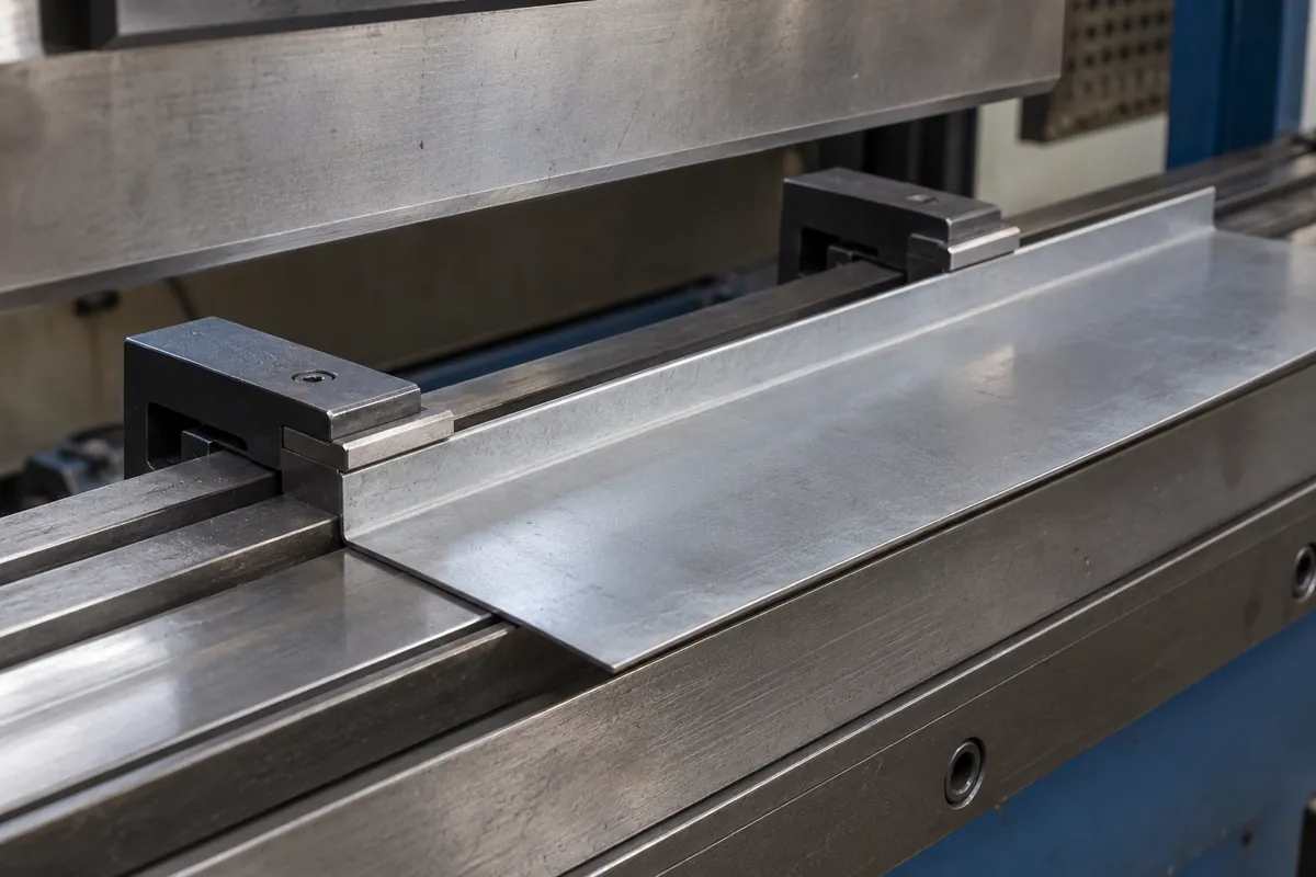 Conceptual close-up of two separate backgauge fingers contacting the reference edge of a folded metal bracket