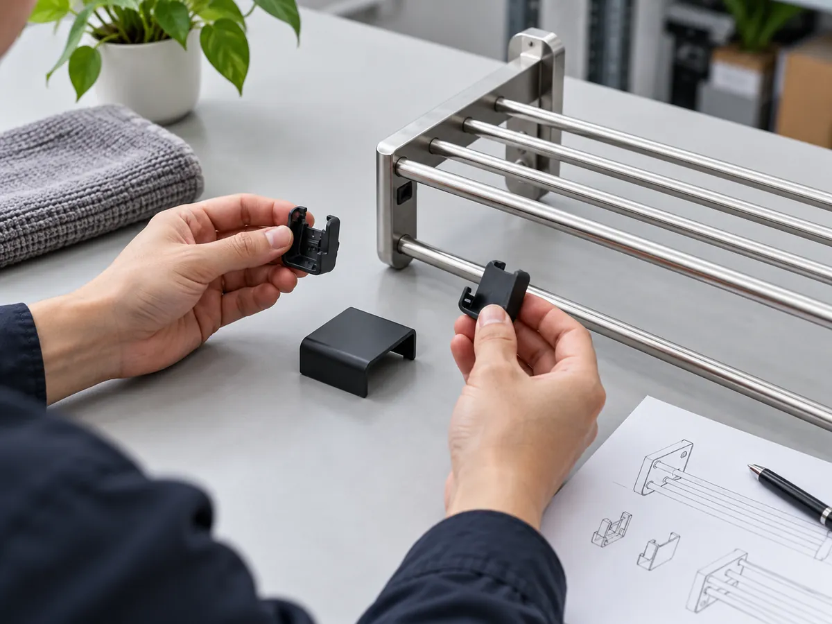 Buyer comparing generic purchased polymer samples with the matching metal rack interface during a sample-fit review