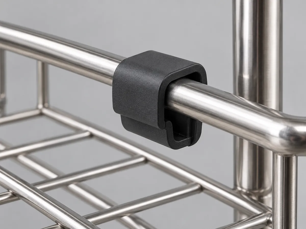 Close-up of a generic purchased polymer clip seated around a metal rack wire, showing the interface geometry