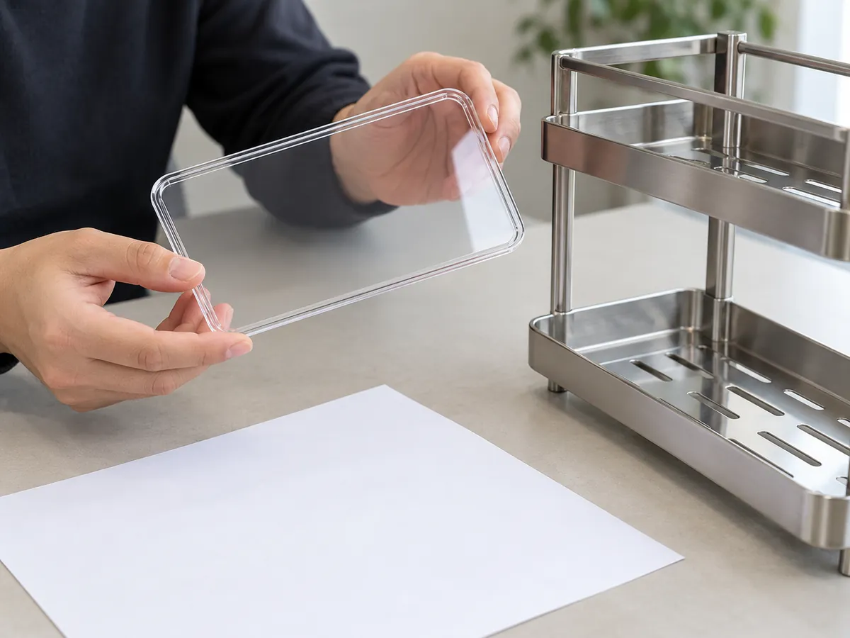 Buyer holding a generic clear cover sample beside its metal organizer frame for fit and clarity review