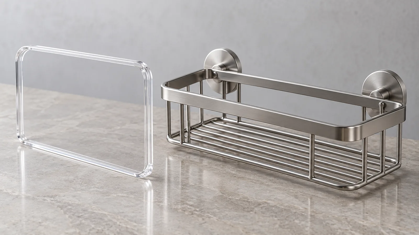 Generic clear cover sample beside a metal bathroom organizer