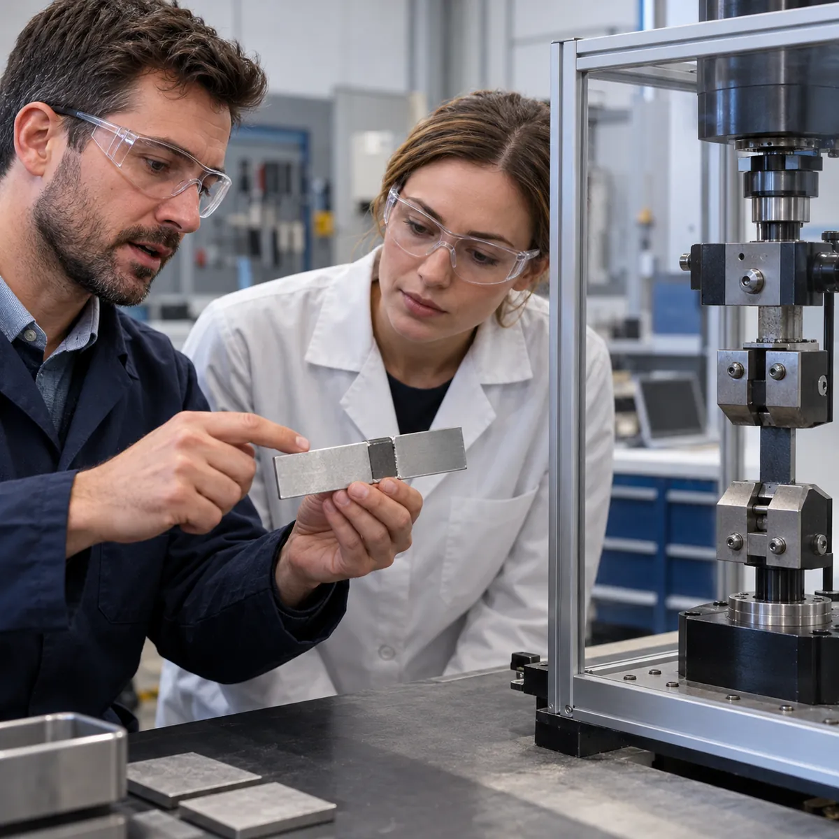 Engineers reviewing a bonded metal specimen beside a mechanical cycling fixture