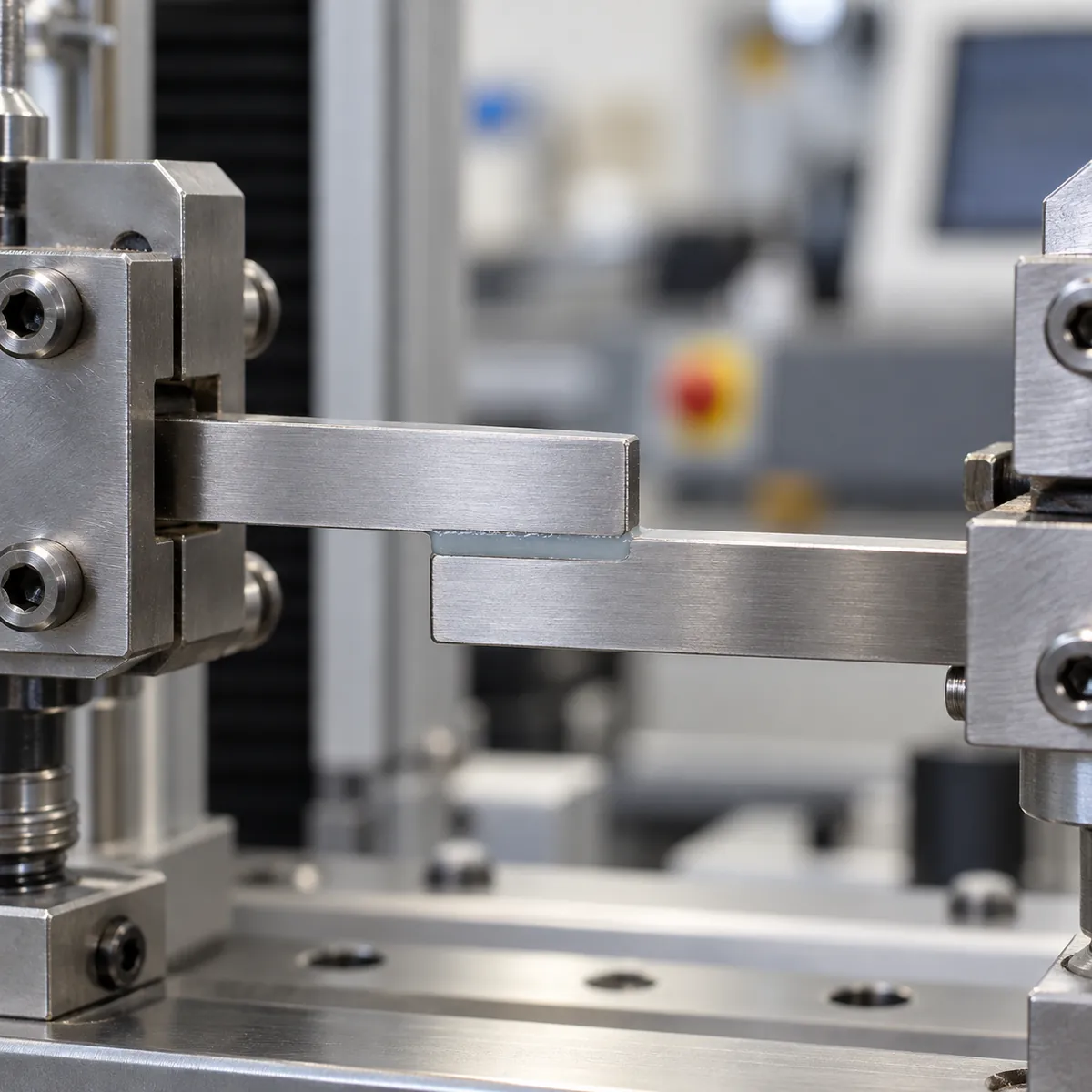 Close view of adhesive bondline joining two metal tabs in a mechanical fatigue fixture