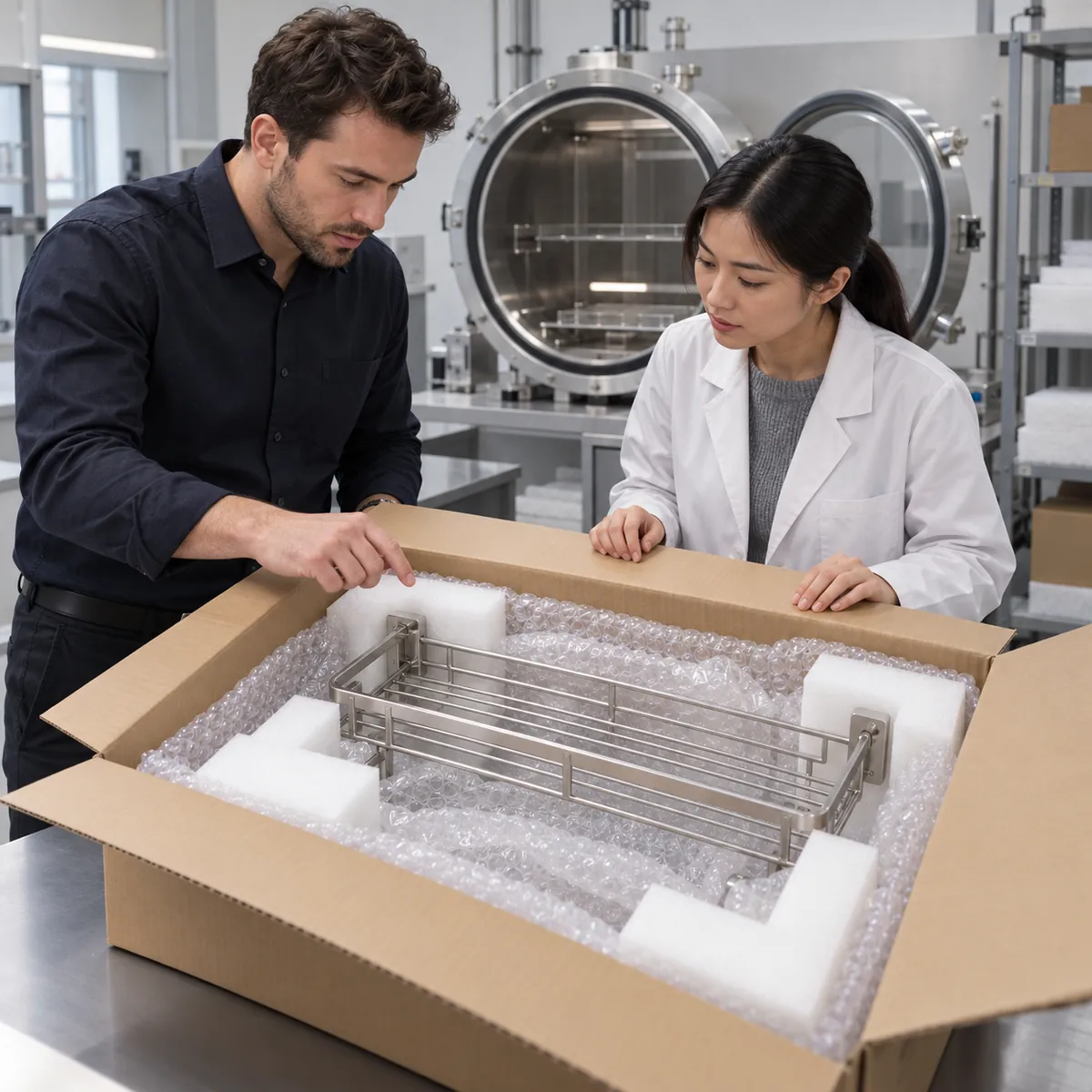 Buyer and packaging engineer reviewing cushioning around a packed metal rack