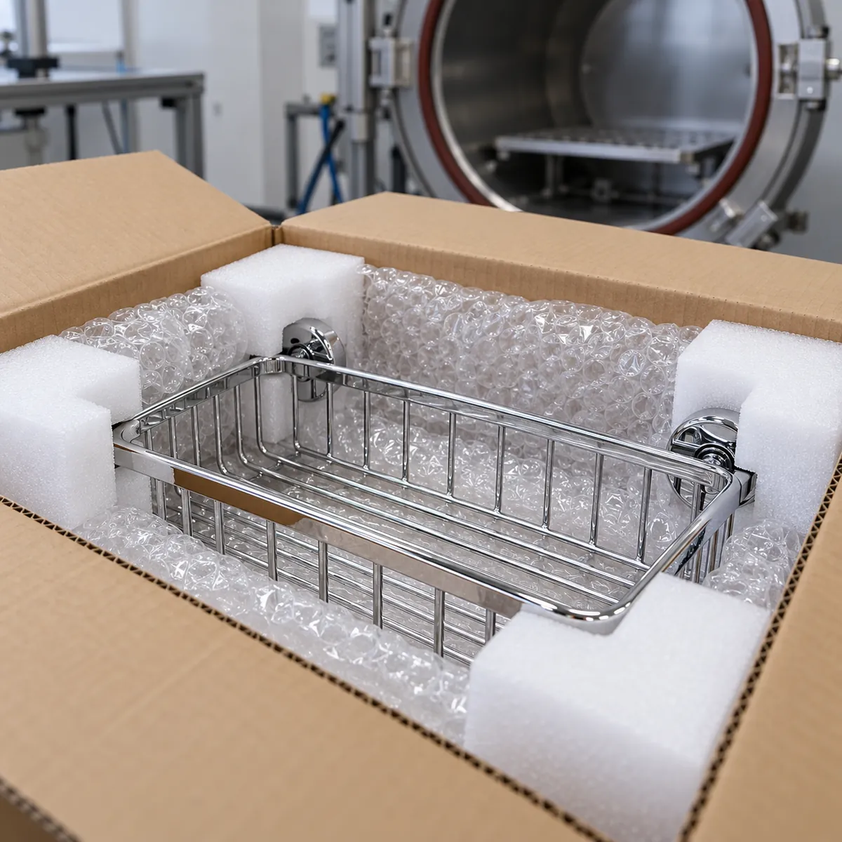 Metal bathroom basket protected by bubble cushioning and foam corners inside an export carton