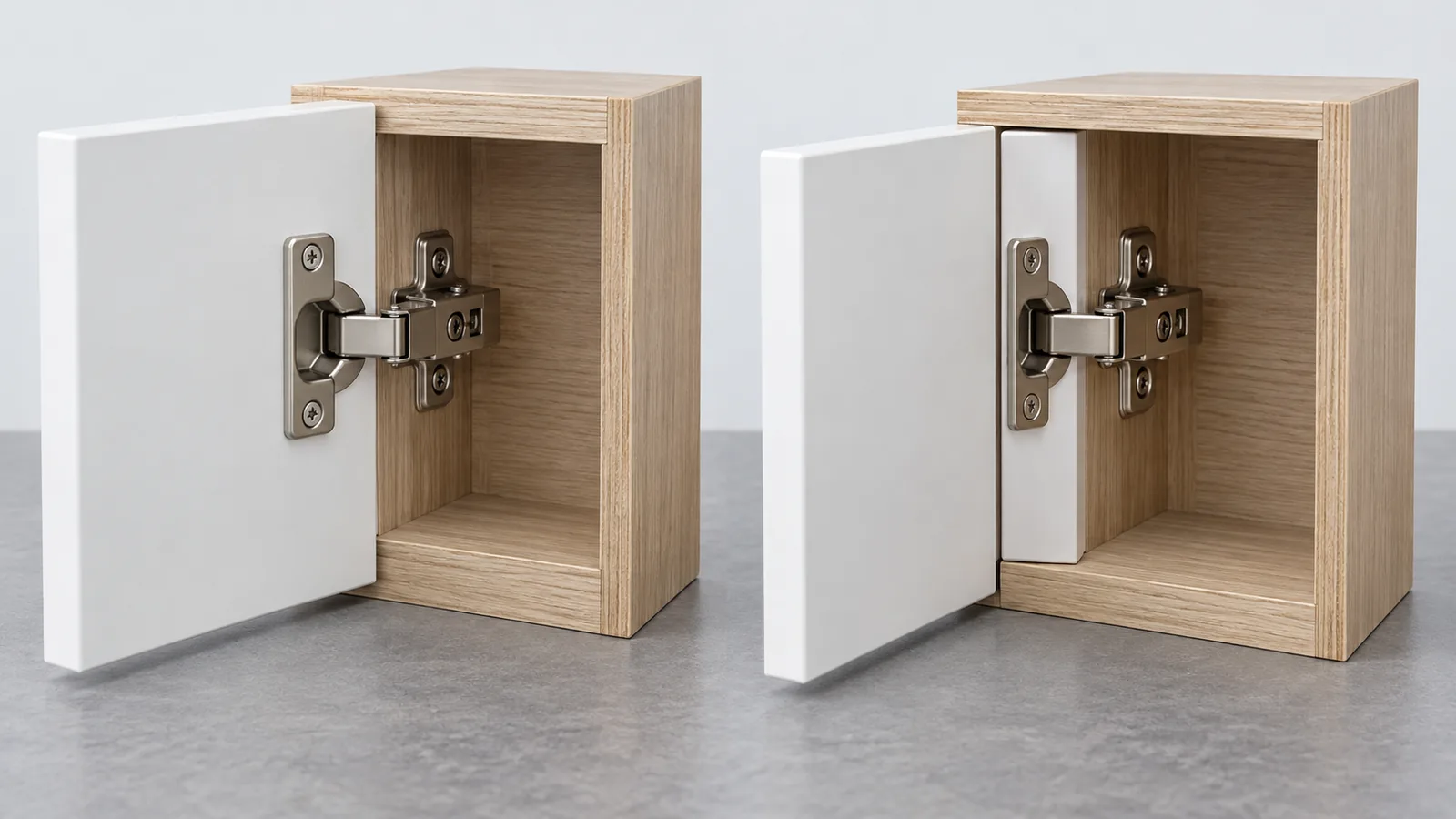 Generic cabinet door mock-ups showing concealed hinge overlay and inset positions