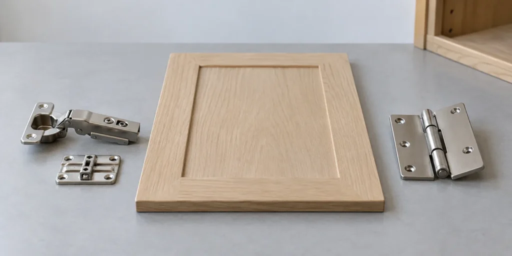 Generic thin cabinet panel and concealed hinge fixing samples arranged for buyer evaluation