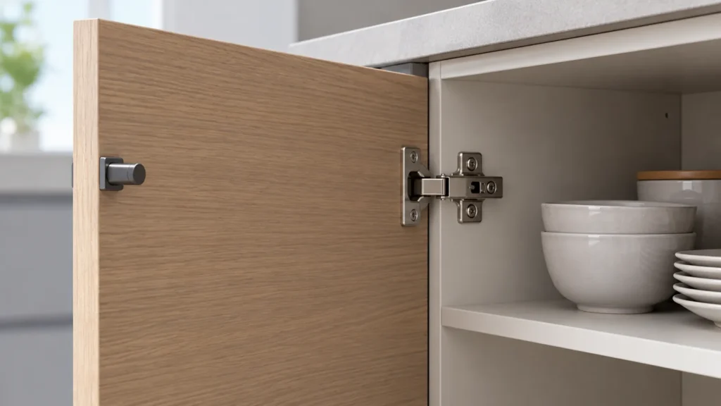 Generic handleless cabinet door with a separate push-to-open fitting and hinge shown for compatibility review