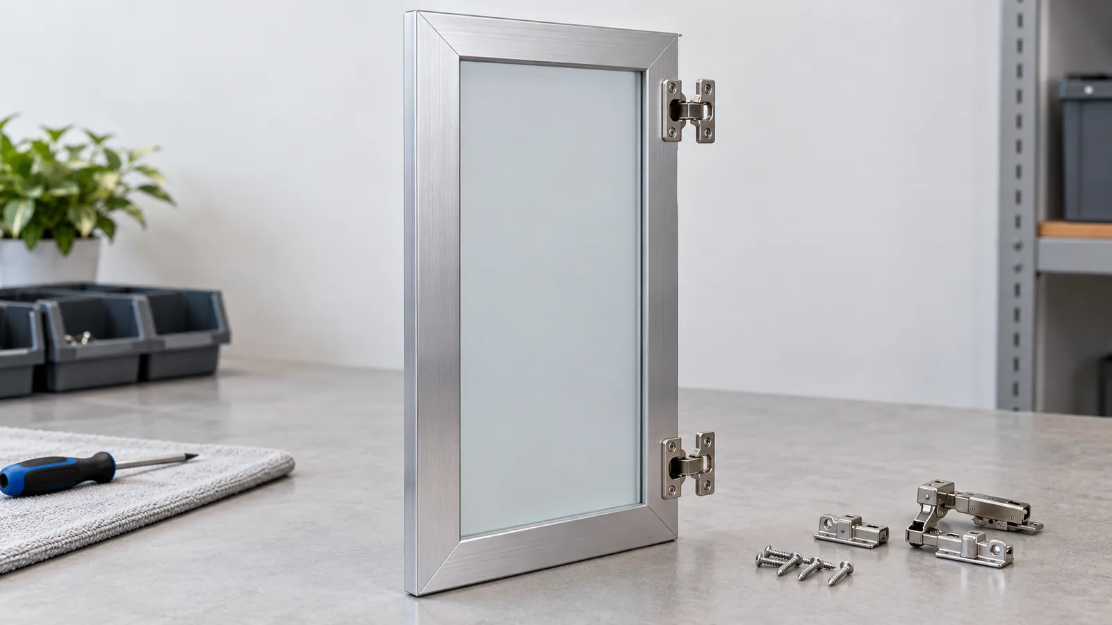 Generic aluminum-frame cabinet door profile and hinge samples shown for buyer compatibility review