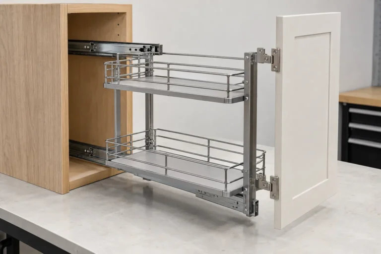 Generic cabinet door with an internal wire basket and mounting brackets shown for adjustment review