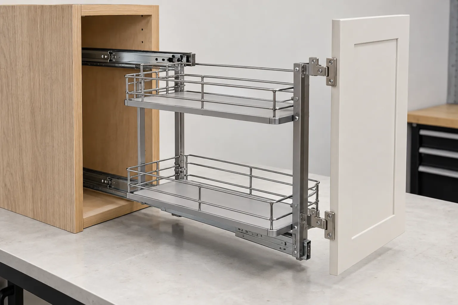 Generic cabinet door with an internal wire basket and mounting brackets shown for adjustment review