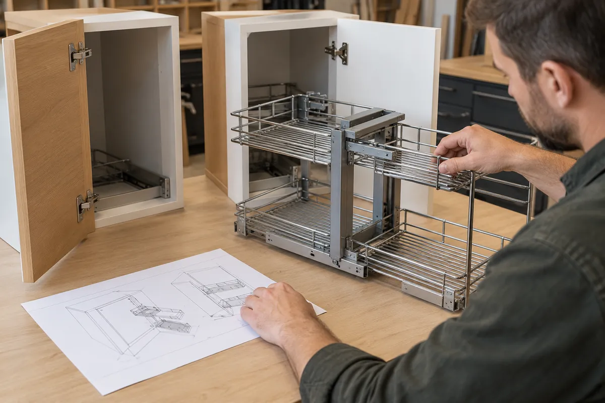 A product developer checking a conceptual blind-corner cabinet sample for left/right handing and basket travel; the image is illustrative, not a test record.