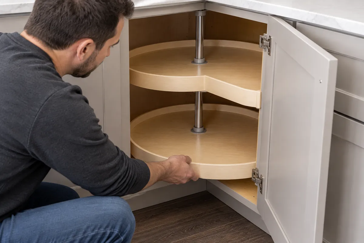 Buyer and supplier examine a conceptual rotating tray sample beside a cabinet drawing and review geometry, access, and approval conditions.