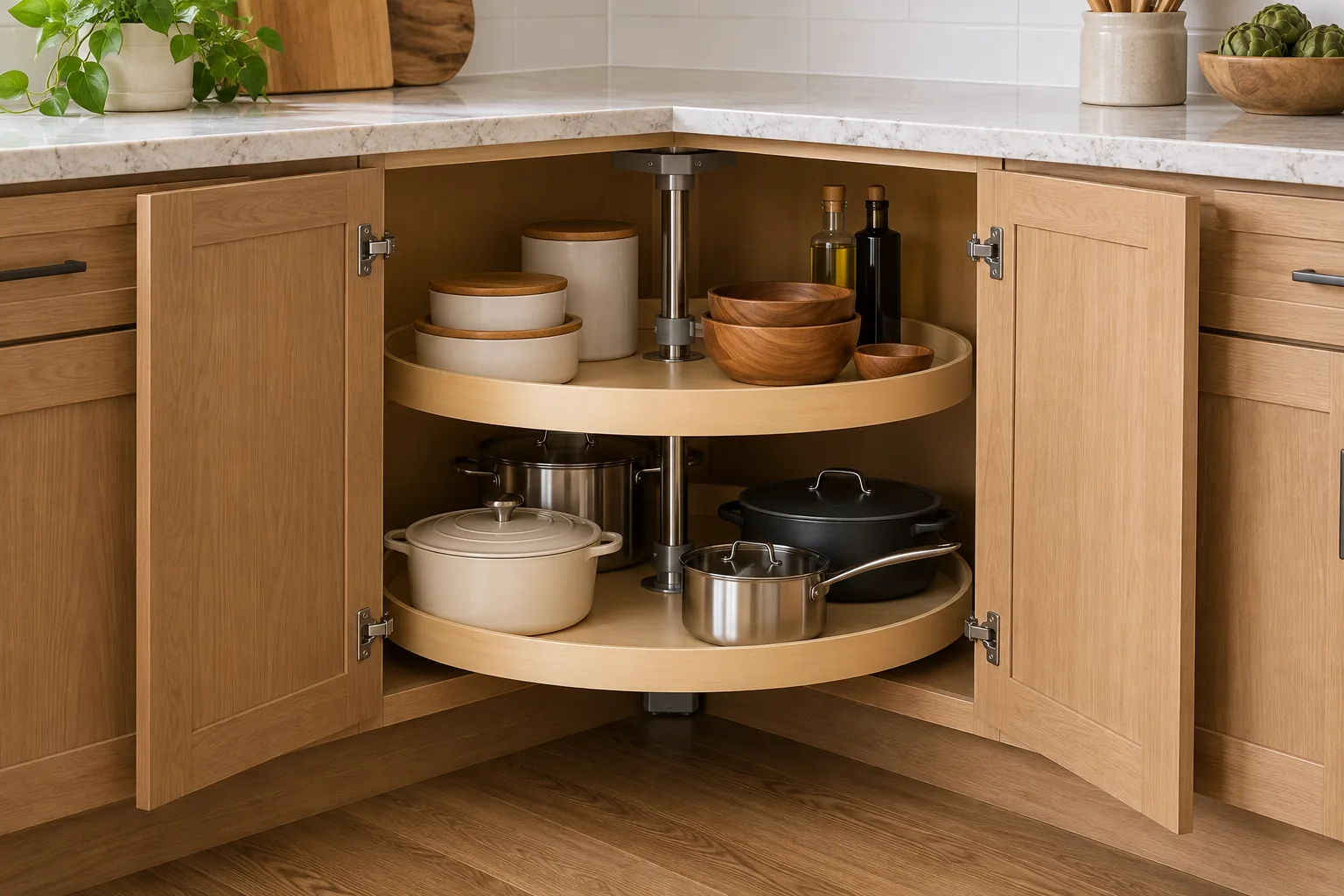 Conceptual cabinet corner with a rotating storage tray and annotated front opening geometry, for supplier specification discussion