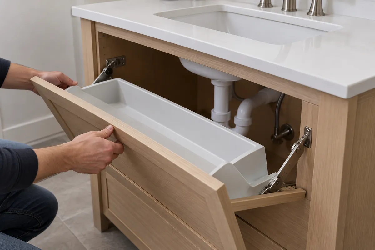 Buyer and supplier review a conceptual sink-base sample beside its side-view drawing, checking the false-front movement and sink-bowl clearance.