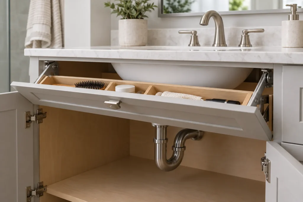 Conceptual sink-base cabinet false front with a compact tip-out tray shown beside the sink bowl clearance area