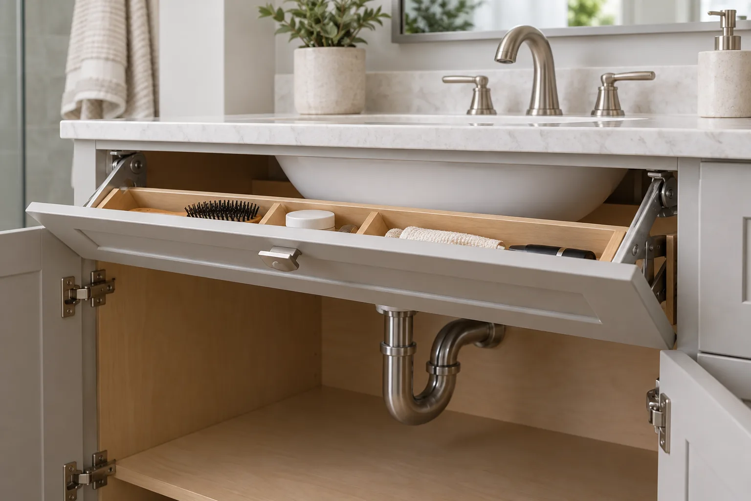 Conceptual sink-base cabinet false front with a compact tip-out tray shown beside the sink bowl clearance area