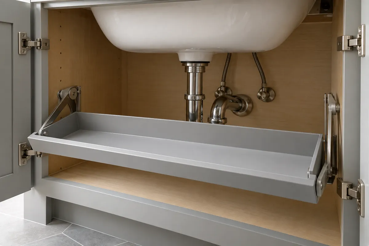 Conceptual side view of a sink-base tip-out tray in closed and tilted positions, with the sink bowl and false-front envelope shown for a supplier fit review.