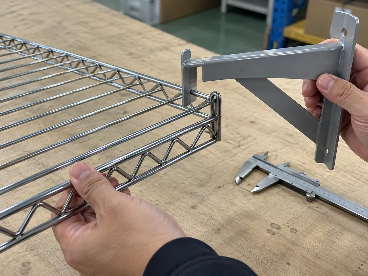 Buyer and supplier quality reviewer compare a closet shelf bracket sample against its profile drawing and record the tested model and support interface.