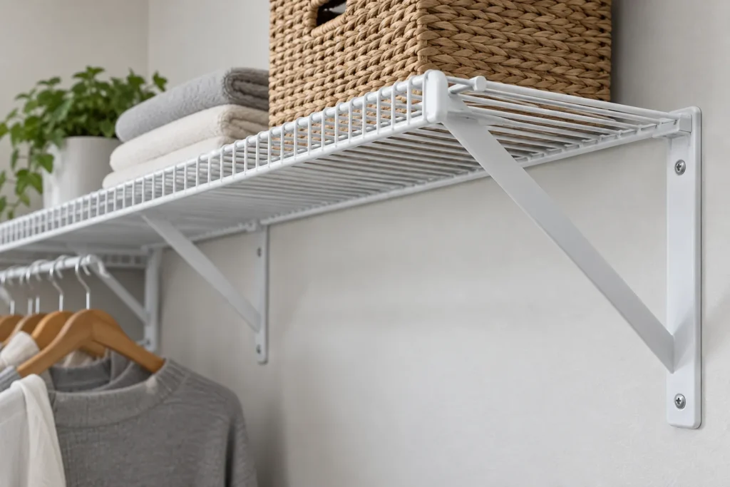 Conceptual wire closet shelf and support bracket shown side by side for a depth and profile compatibility review