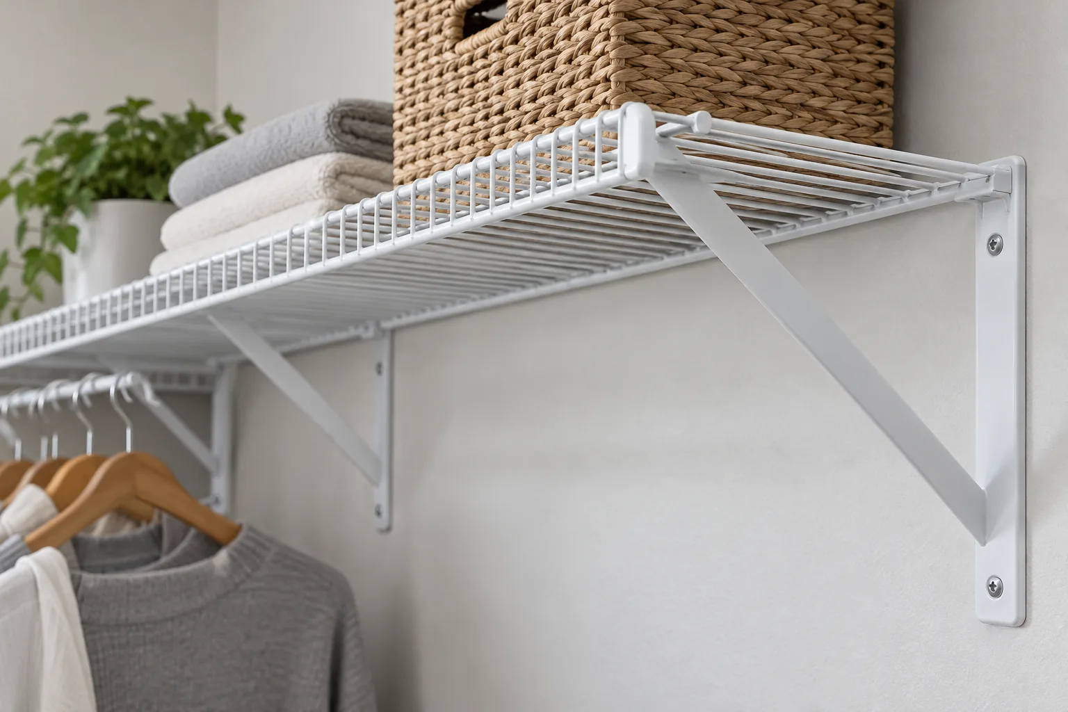 Conceptual wire closet shelf and support bracket shown side by side for a depth and profile compatibility review