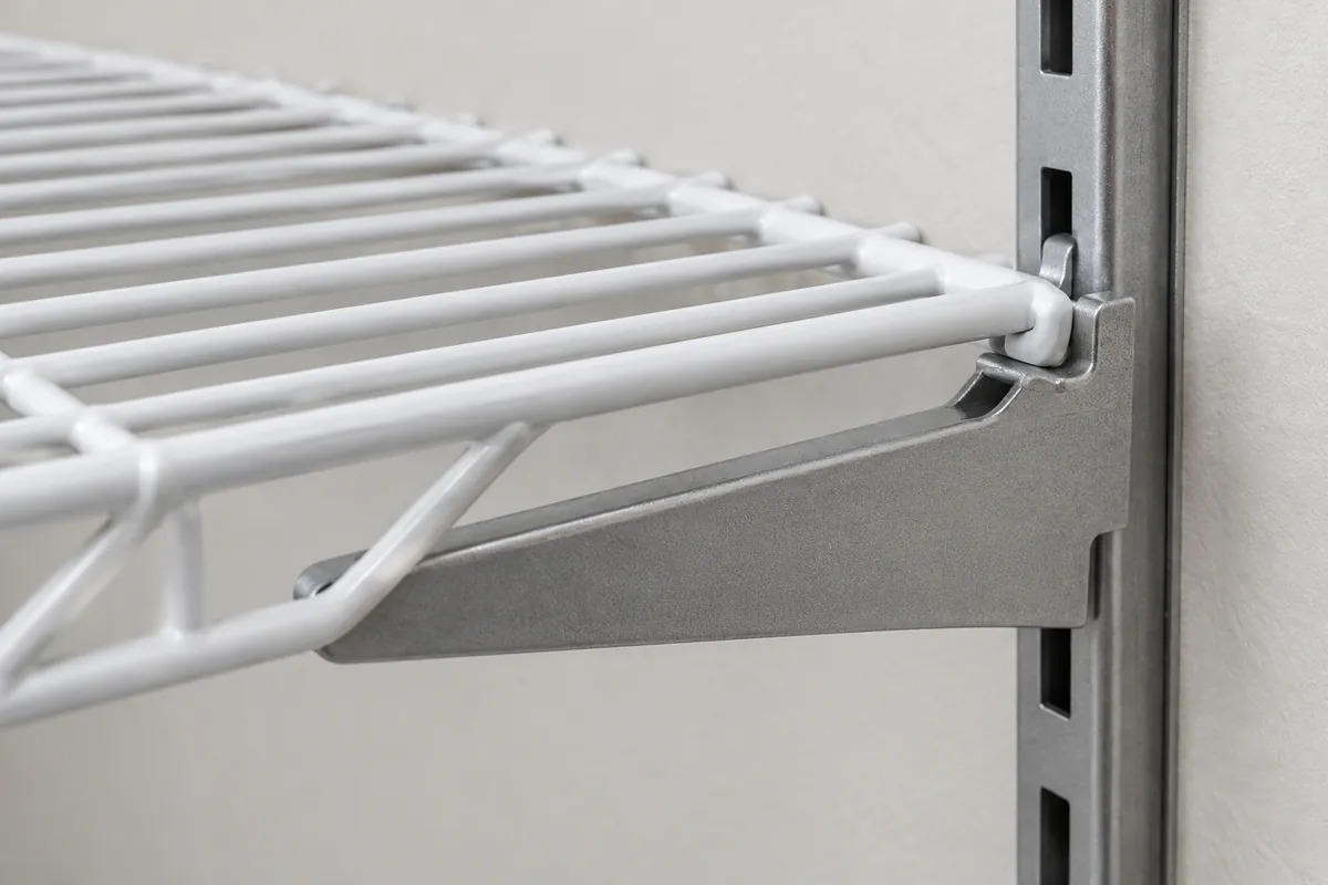Close-up conceptual view of a wire shelf profile engaging a matching support bracket, showing why the mating geometry must be compared rather than the depth label alone.