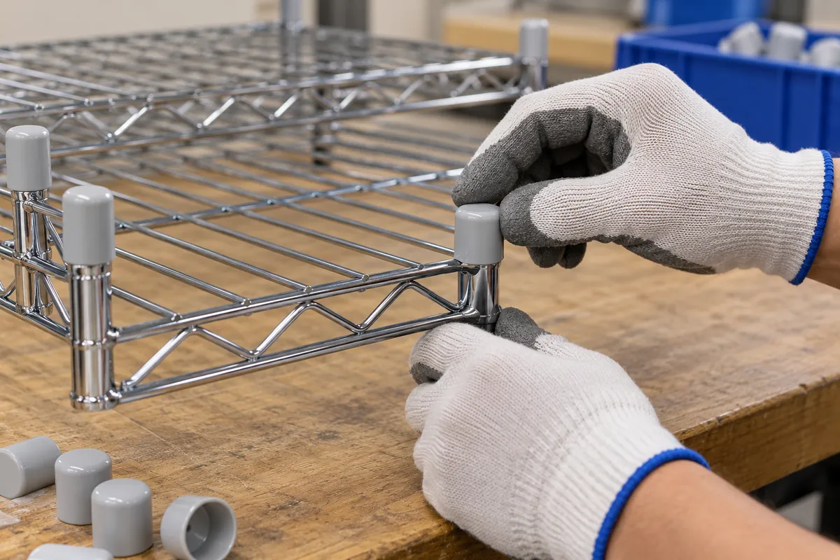 Buyer and supplier quality reviewer record the wire shelf model, cut-end cap identity, and approved installation sample.