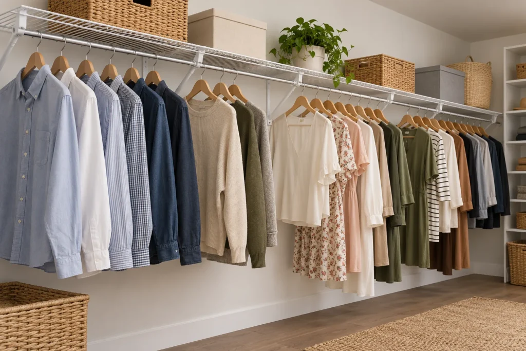 Conceptual closet shelf and continuous hanging rod with support points reviewed for hanger movement