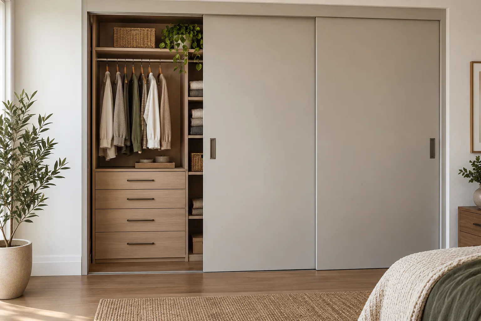 Conceptual closet sliding panels and an internal wire basket drawer showing the opening available for pullout access