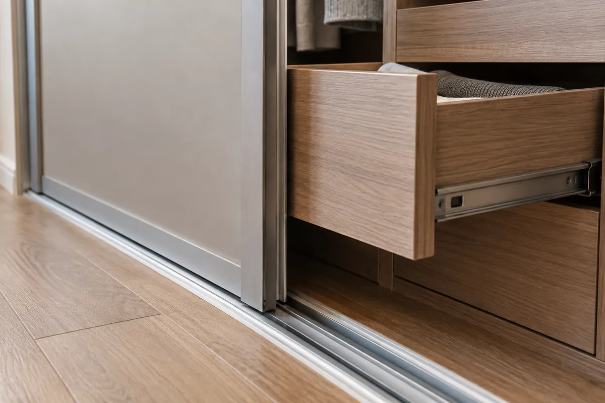Conceptual closet elevation showing sliding door overlap and the path of an internal wire basket drawer through the usable opening.