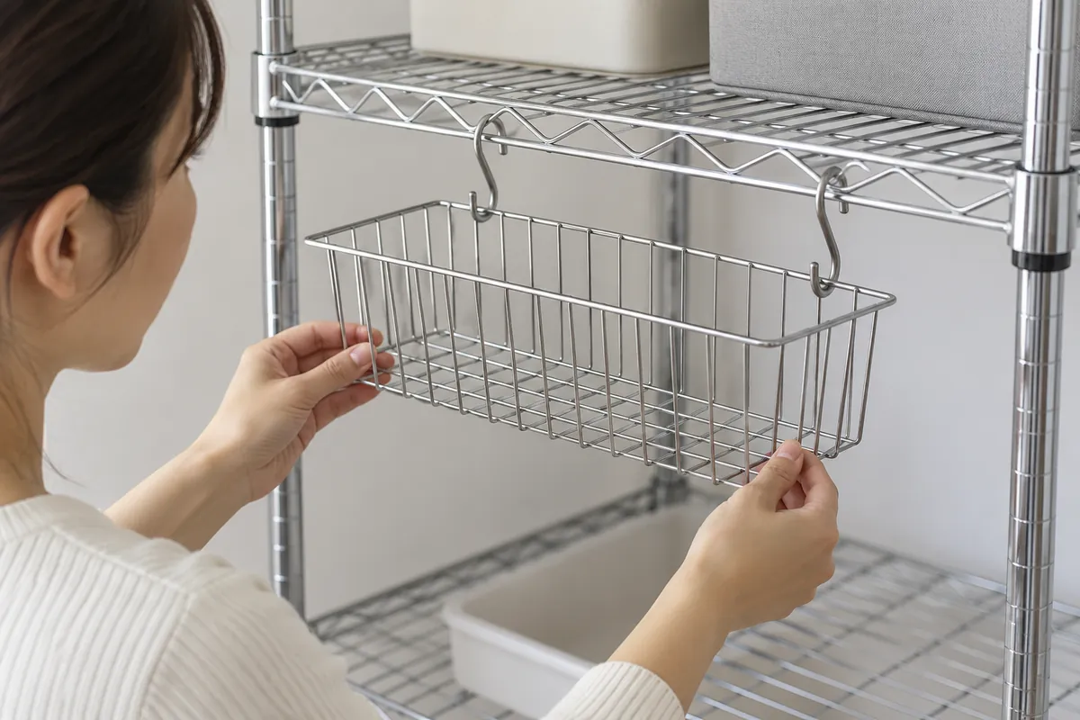 Importer and supplier reviewer inspect a modular wire rack with identified S-hook positions and accessory part references.