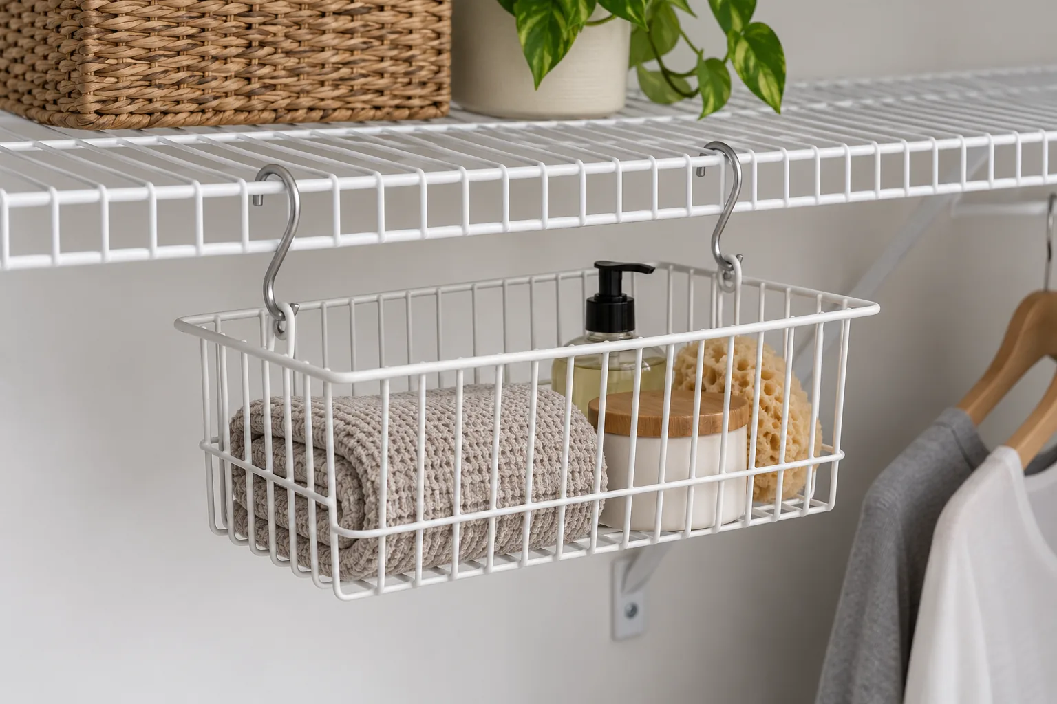 Conceptual modular wire rack with an S-hook accessory attached to a shared support for a compatibility review