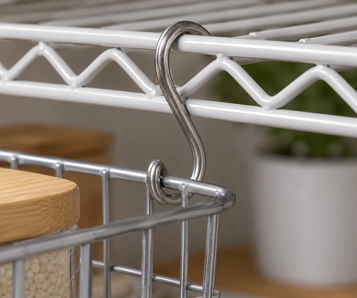 Conceptual wire rack support and S-hook interface shown close-up to identify the intended mating point and orientation.