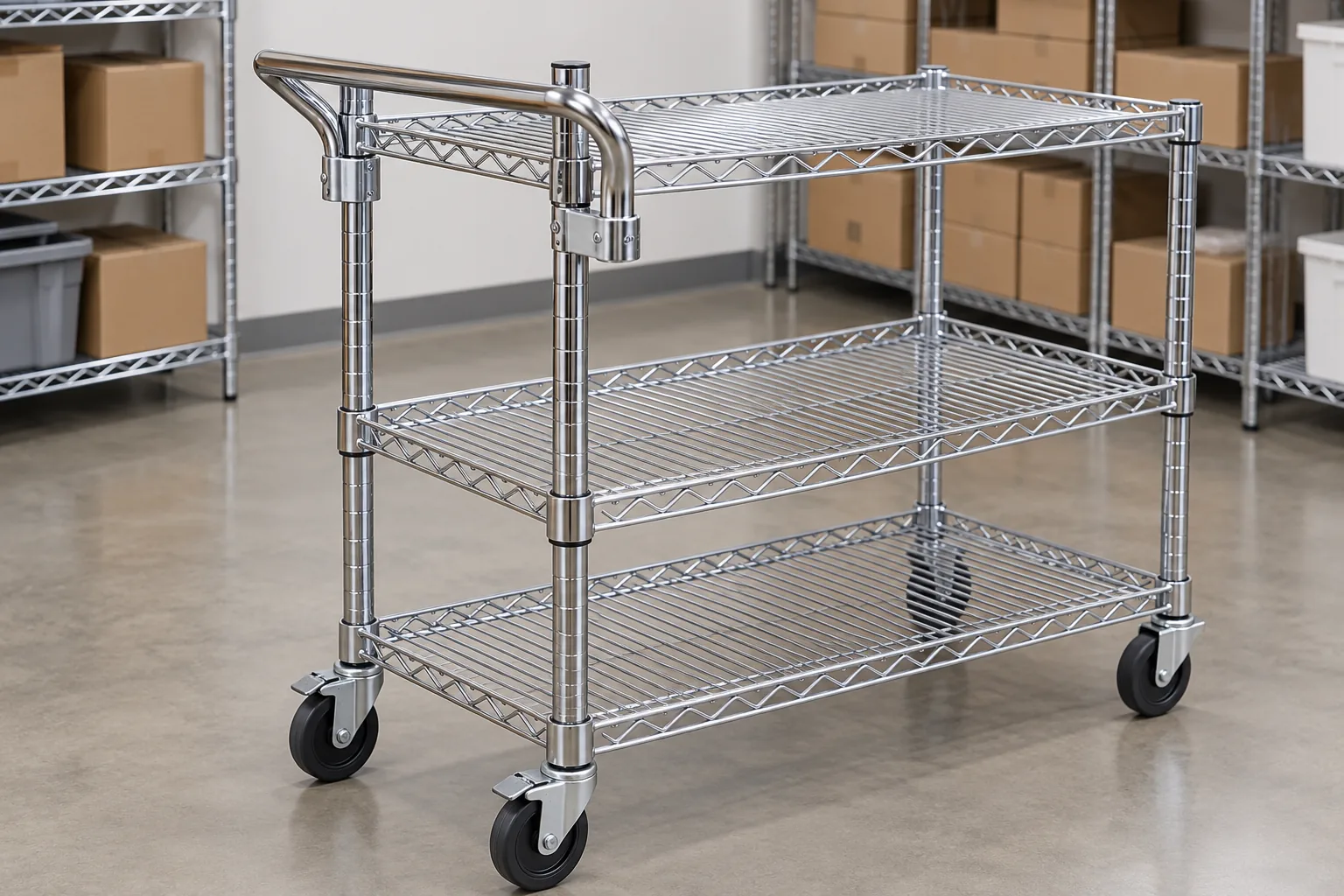 Conceptual wire shelving utility cart with a push handle attached to matching uprights for an interface review
