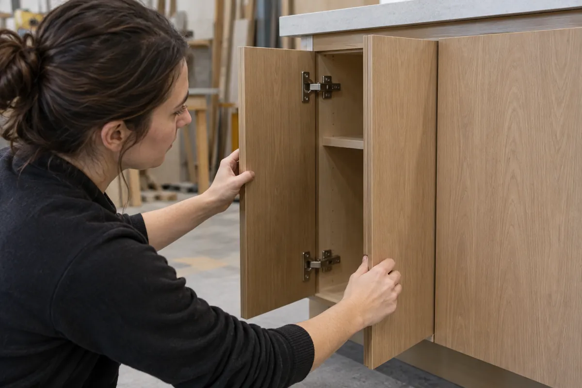 Buyer and supplier examine a conceptual cabinet sample, recording panel order, clearances, and adjacent drawer access.