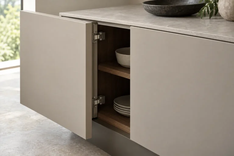 Conceptual flush cabinet doors shown in sequence with an adjacent drawer for a sliding-system clearance review