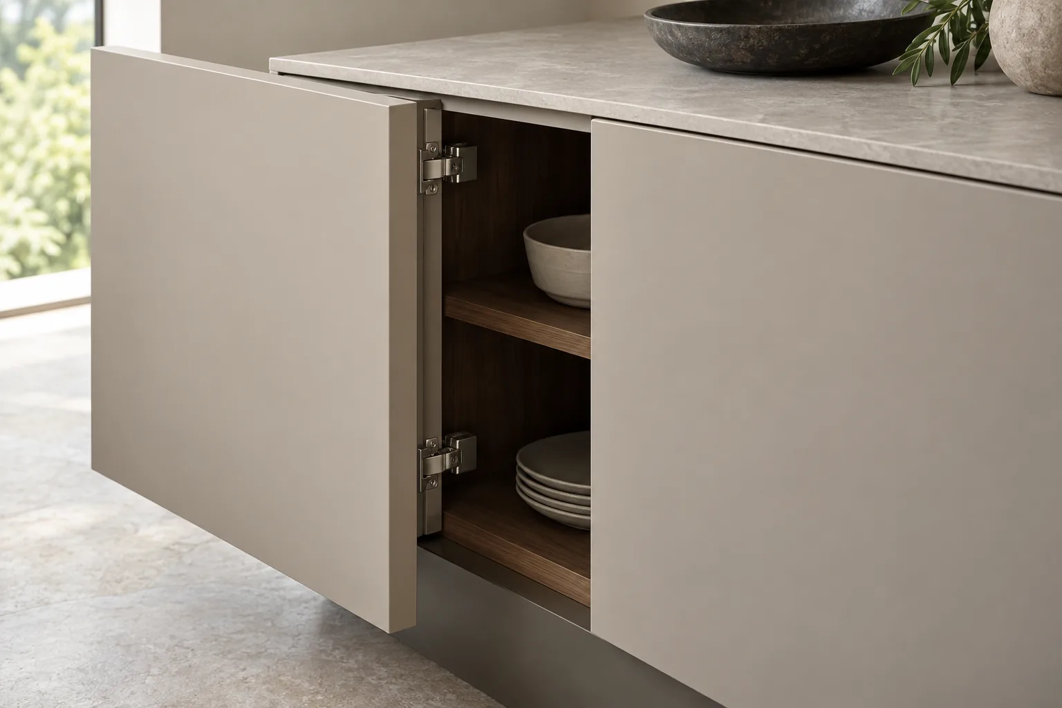 Conceptual flush cabinet doors shown in sequence with an adjacent drawer for a sliding-system clearance review