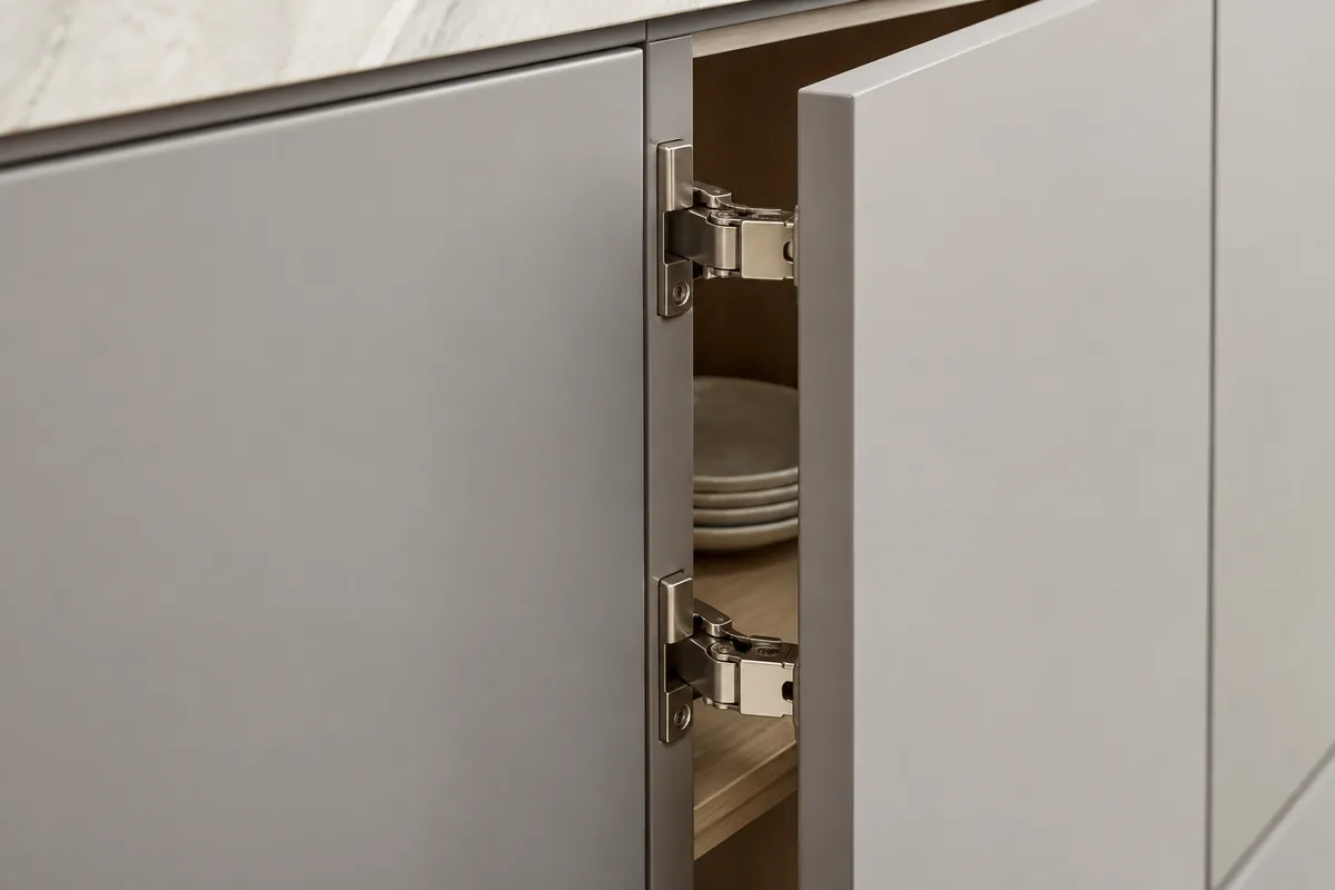 Conceptual cabinet layout showing a sliding door sequence and an adjacent drawer travel envelope for a supplier review.