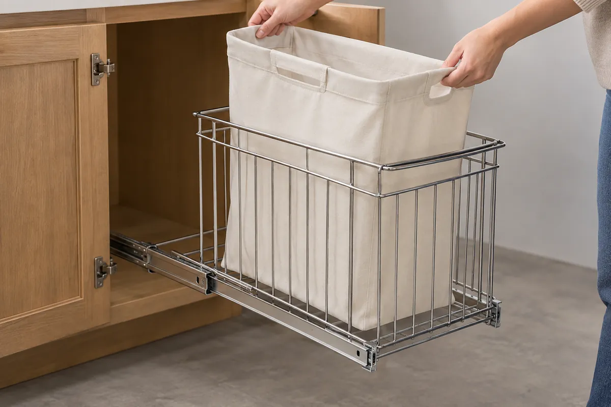 Representative installed wire hamper with its fabric liner lifted through the cabinet opening to review removal clearance; illustrative only.